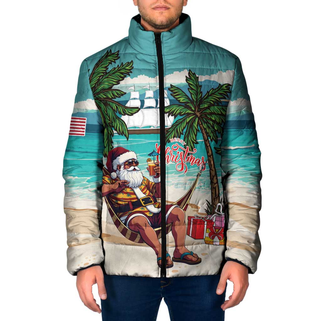 Liberia Christmas Padded Jacket Santa Chill on Tropical Beach - Wonder Print Shop