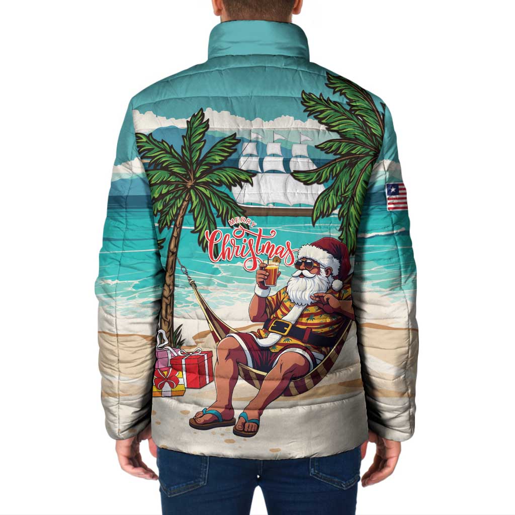 Liberia Christmas Padded Jacket Santa Chill on Tropical Beach - Wonder Print Shop