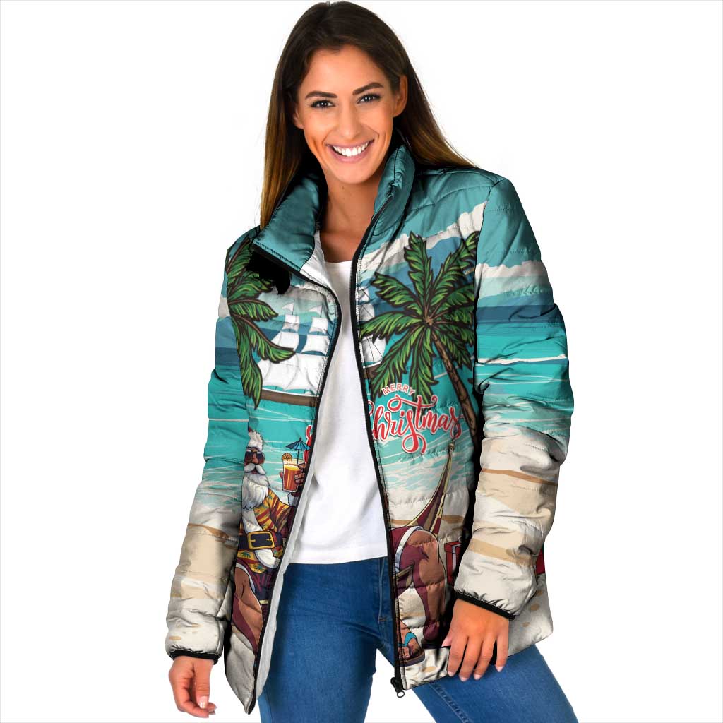 Liberia Christmas Padded Jacket Santa Chill on Tropical Beach - Wonder Print Shop