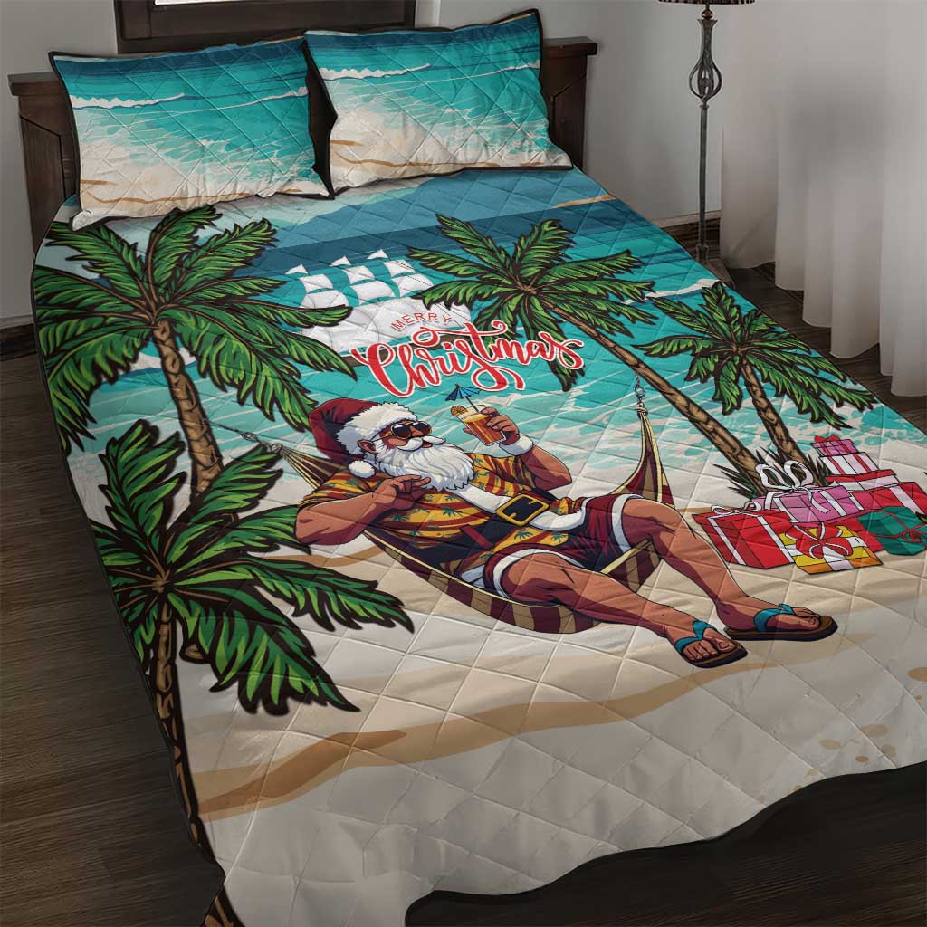 Liberia Christmas Quilt Bed Set Santa Chill on Tropical Beach - Wonder Print Shop