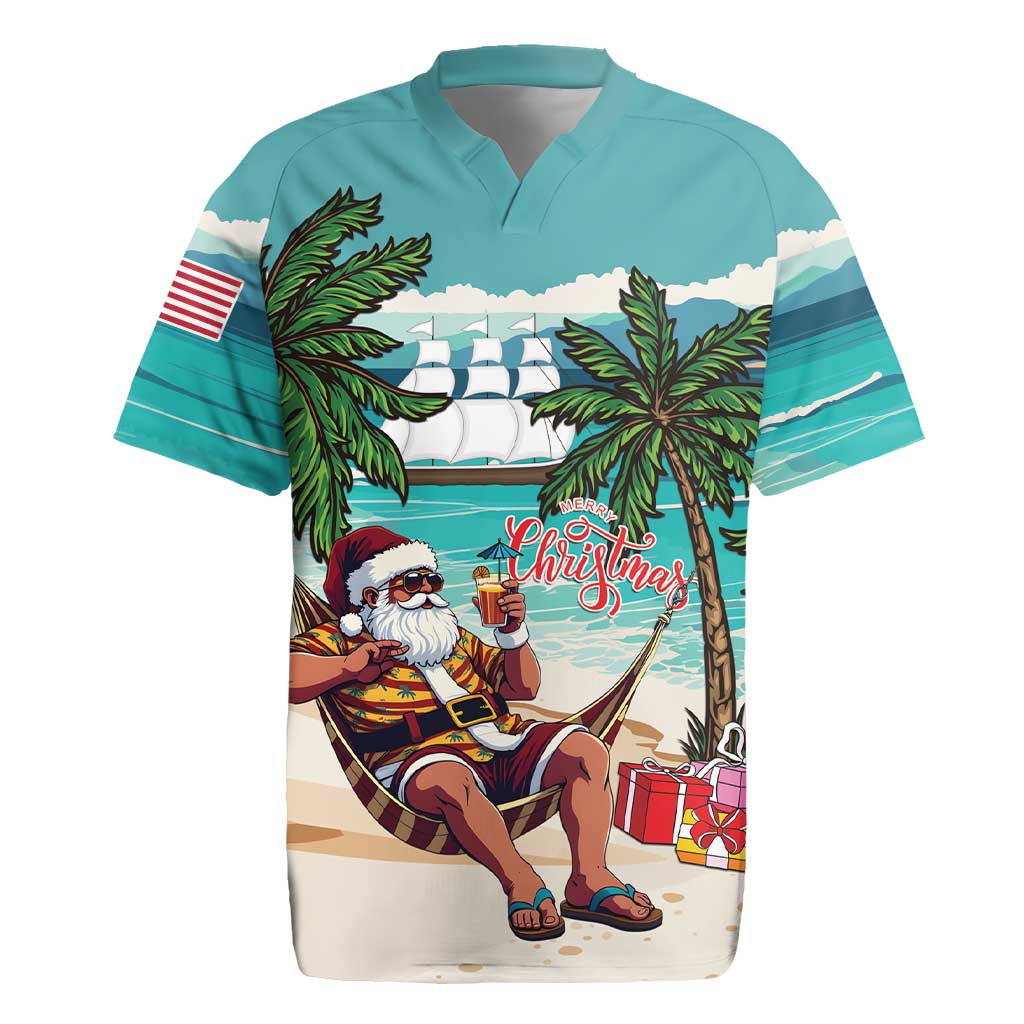 Liberia Christmas Rugby Jersey Santa Chill on Tropical Beach - Wonder Print Shop