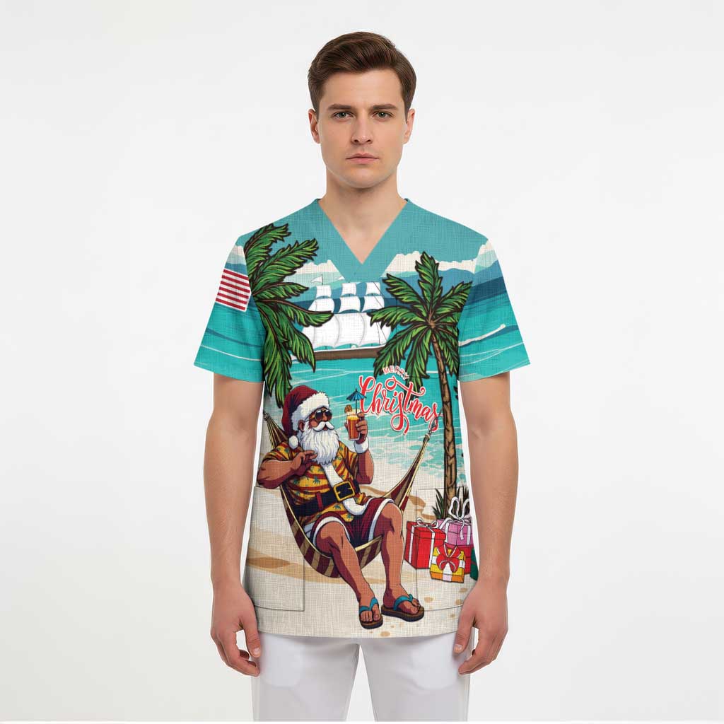 Liberia Christmas Scrub Top Santa Chill on Tropical Beach - Wonder Print Shop