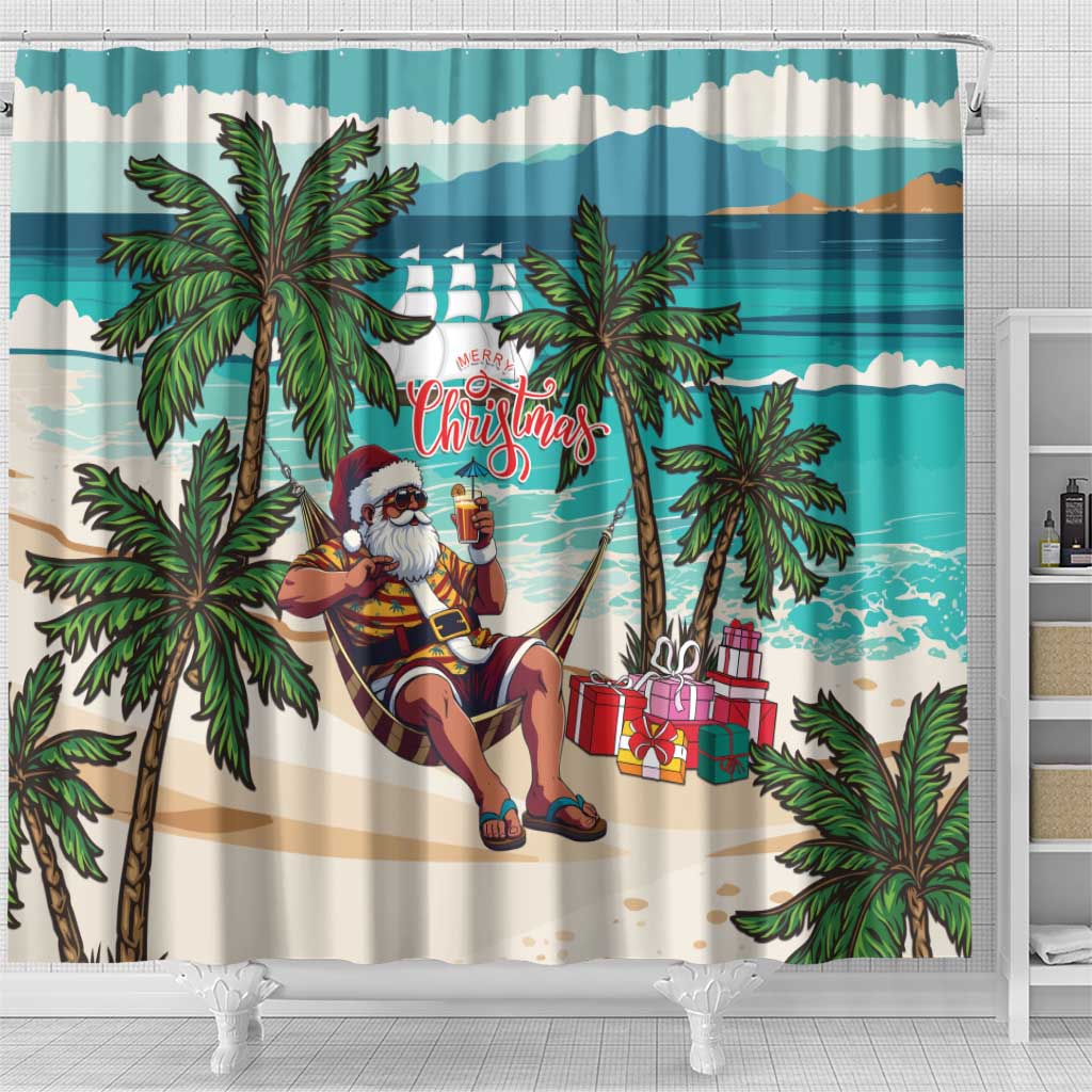 Liberia Christmas Shower Curtain Santa Chill on Tropical Beach - Wonder Print Shop