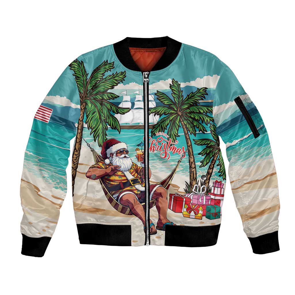 Liberia Christmas Sleeve Zip Bomber Jacket Santa Chill on Tropical Beach - Wonder Print Shop