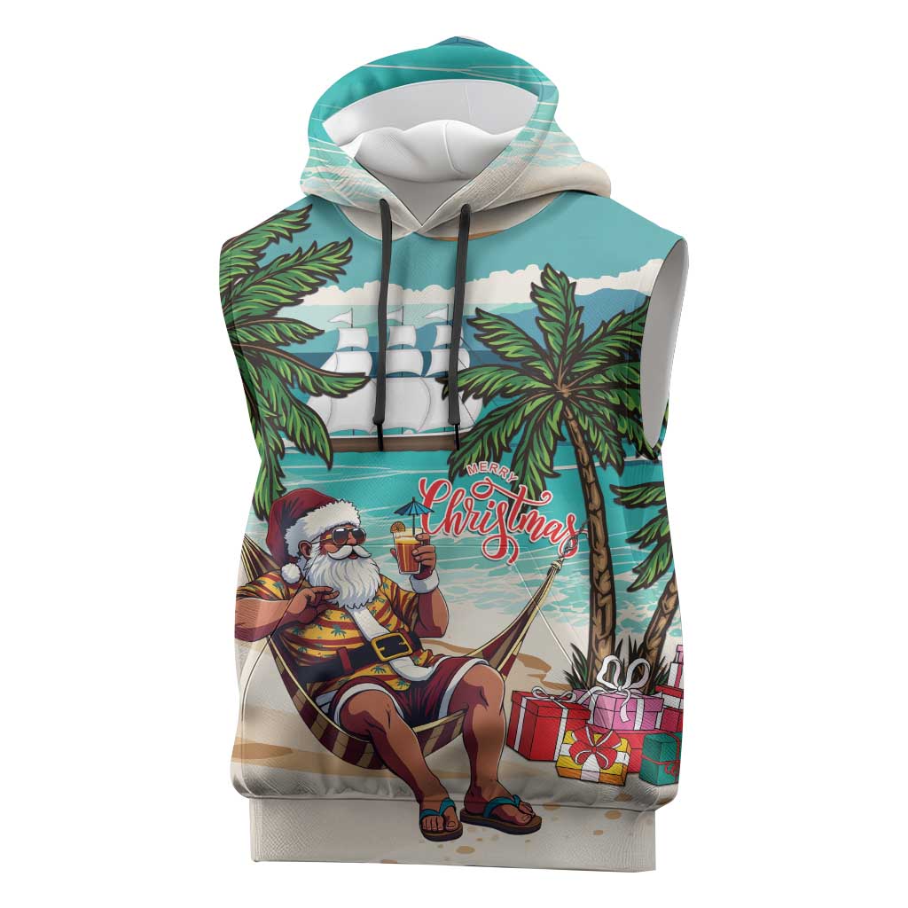Liberia Christmas Sleeveless Hoodie Santa Chill on Tropical Beach - Wonder Print Shop