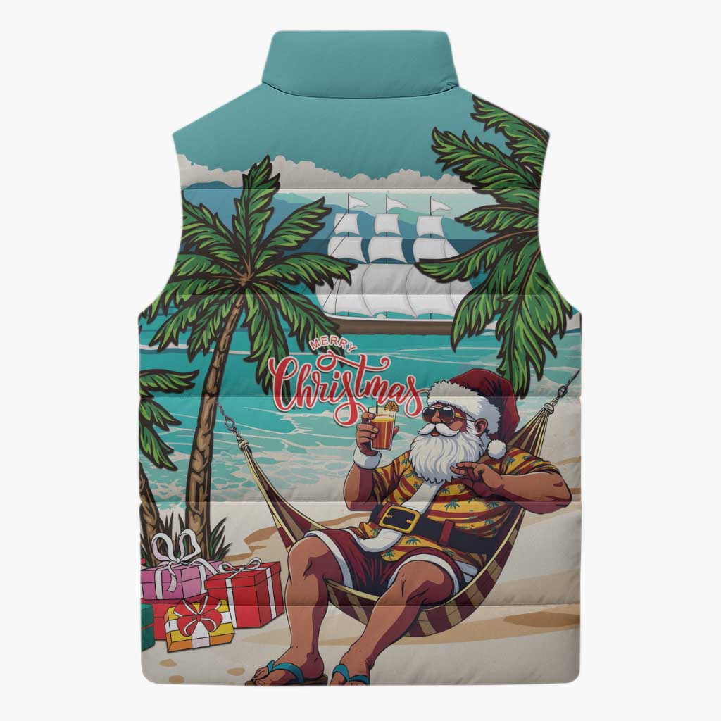 Liberia Christmas Sleeveless Puffer Jacket Santa Chill on Tropical Beach - Wonder Print Shop