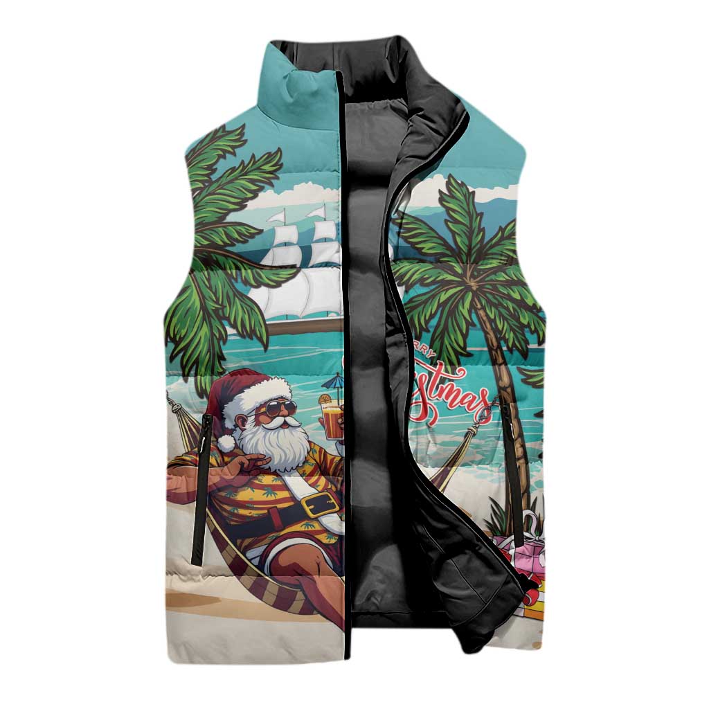 Liberia Christmas Sleeveless Puffer Jacket Santa Chill on Tropical Beach - Wonder Print Shop