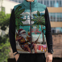 Liberia Christmas Sleeveless Puffer Jacket Santa Chill on Tropical Beach - Wonder Print Shop