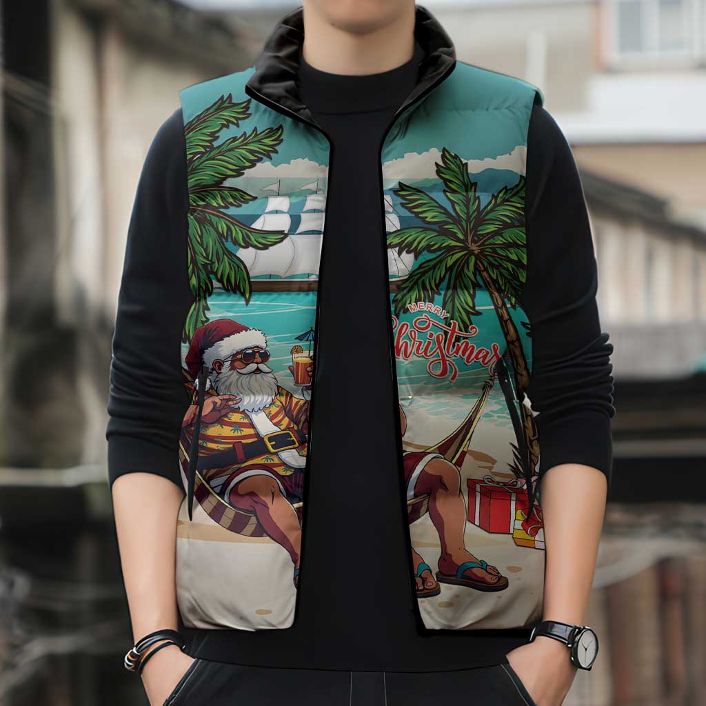 Liberia Christmas Sleeveless Puffer Jacket Santa Chill on Tropical Beach - Wonder Print Shop