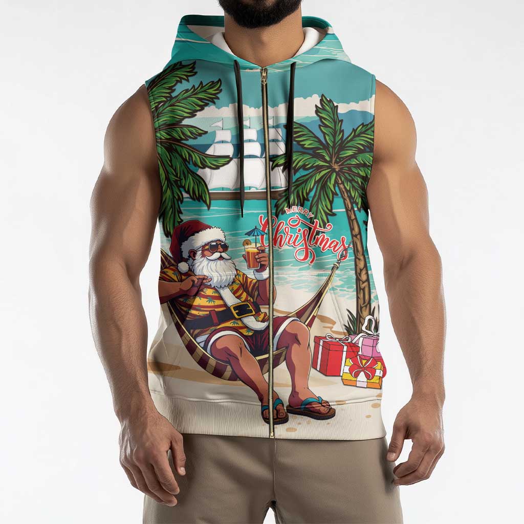 Liberia Christmas Sleeveless Zip Hoodie Santa Chill on Tropical Beach - Wonder Print Shop