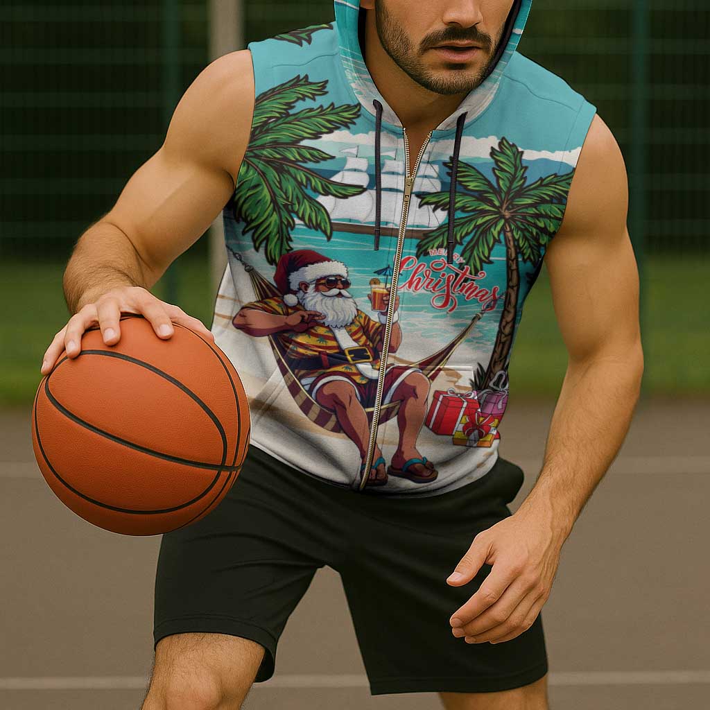 Liberia Christmas Sleeveless Zip Hoodie Santa Chill on Tropical Beach - Wonder Print Shop