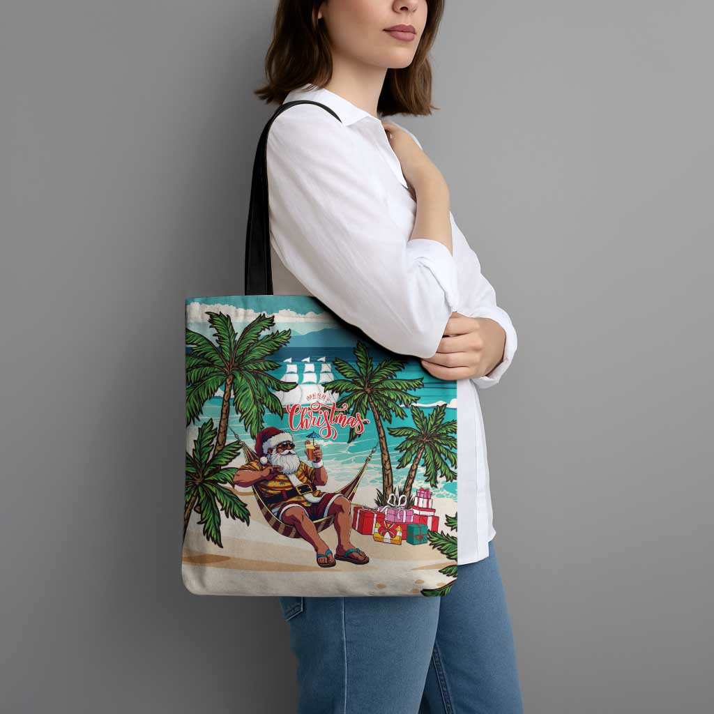 Liberia Christmas Tote Bag Santa Chill on Tropical Beach - Wonder Print Shop