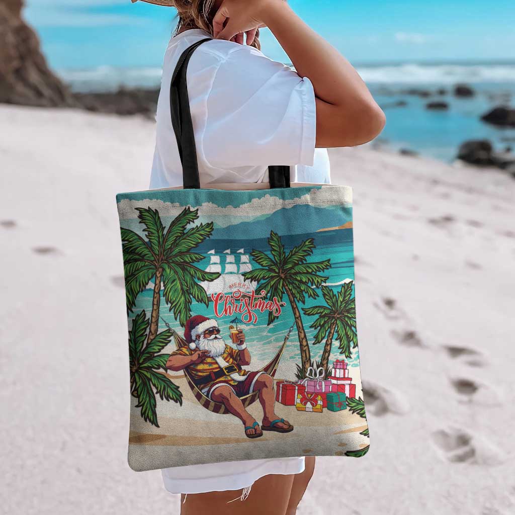 Liberia Christmas Tote Bag Santa Chill on Tropical Beach - Wonder Print Shop
