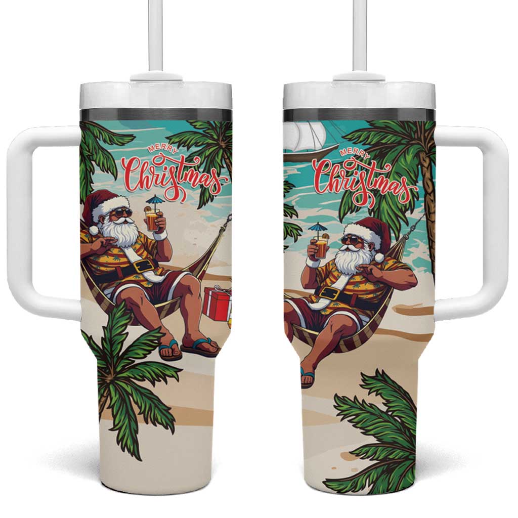 Liberia Christmas Tumbler With Handle Santa Chill on Tropical Beach - Wonder Print Shop
