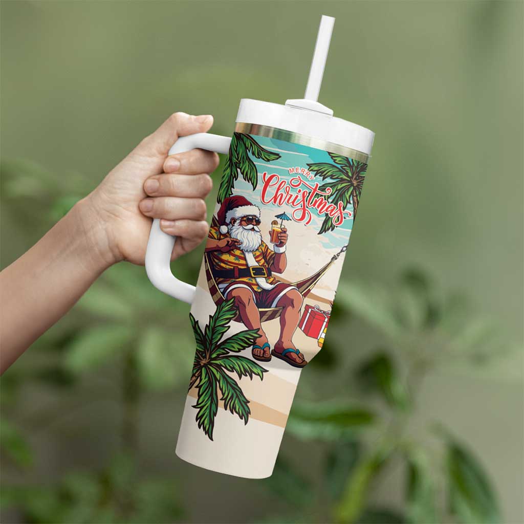 Liberia Christmas Tumbler With Handle Santa Chill on Tropical Beach - Wonder Print Shop