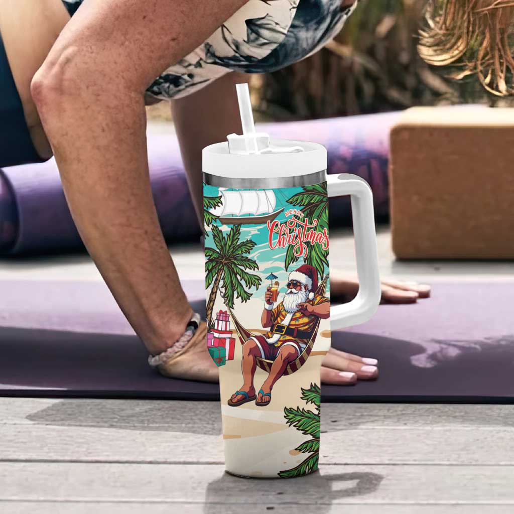 Liberia Christmas Tumbler With Handle Santa Chill on Tropical Beach - Wonder Print Shop