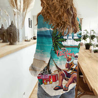 Liberia Christmas Women Casual Shirt Santa Chill on Tropical Beach - Wonder Print Shop