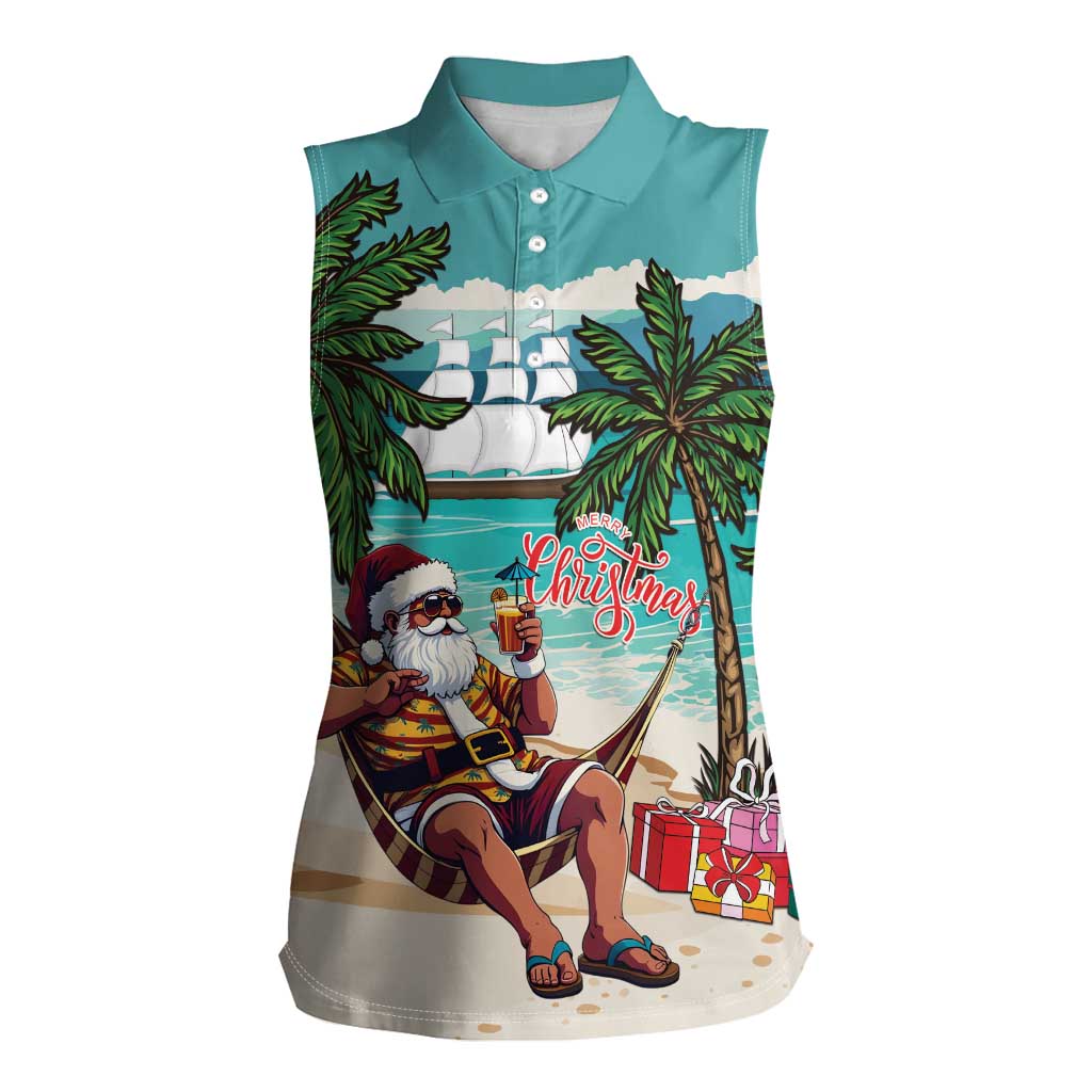 Liberia Christmas Women Sleeveless Polo Shirt Santa Chill on Tropical Beach - Wonder Print Shop