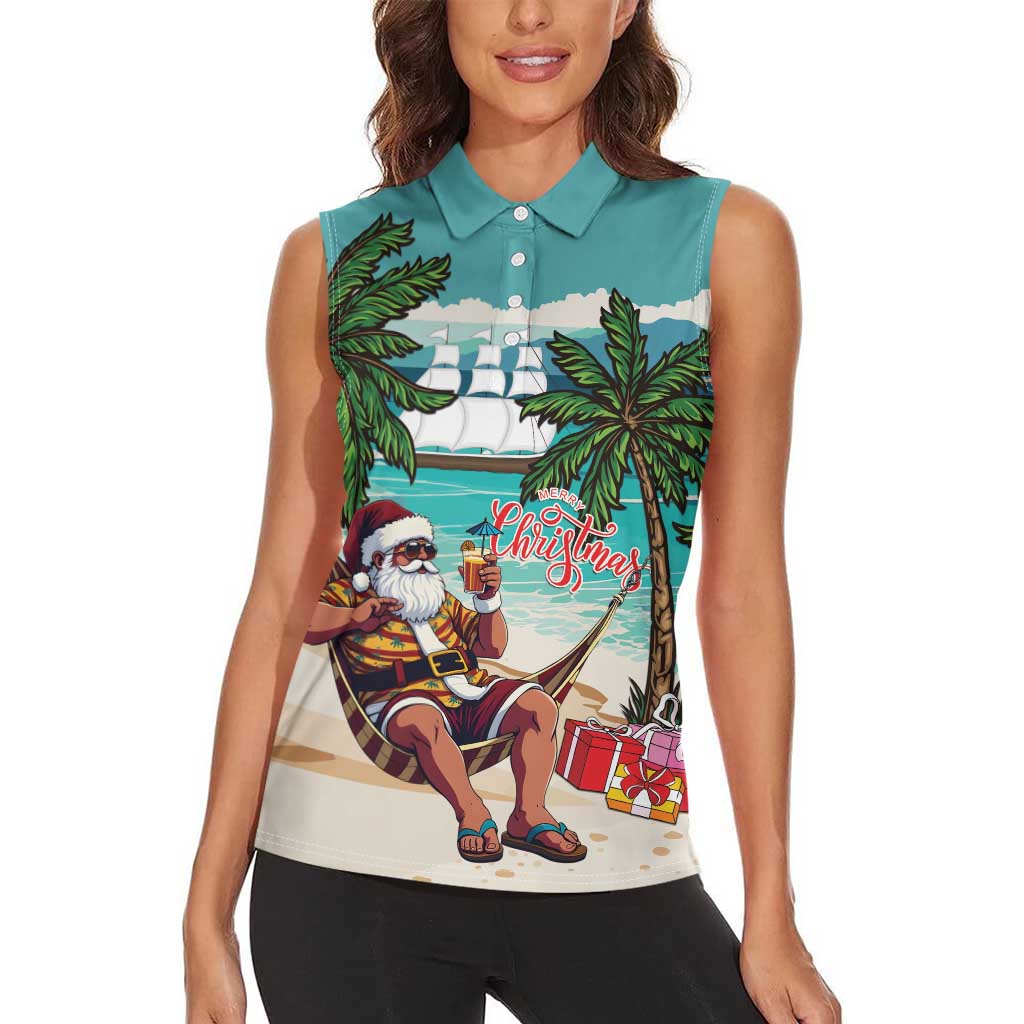 Liberia Christmas Women Sleeveless Polo Shirt Santa Chill on Tropical Beach - Wonder Print Shop