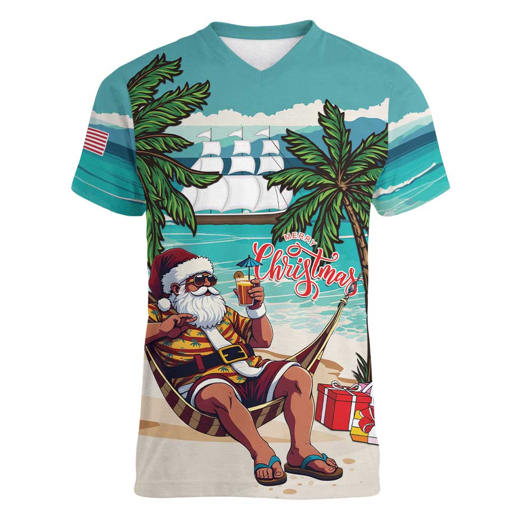 Liberia Christmas Women V-Neck T-Shirt Santa Chill on Tropical Beach - Wonder Print Shop