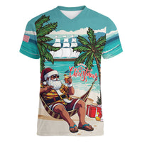 Liberia Christmas Women V-Neck T-Shirt Santa Chill on Tropical Beach - Wonder Print Shop
