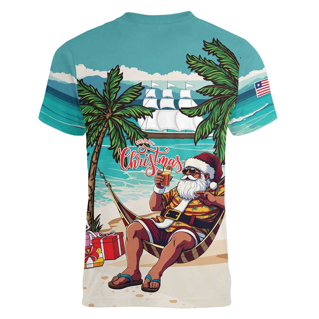 Liberia Christmas Women V-Neck T-Shirt Santa Chill on Tropical Beach - Wonder Print Shop