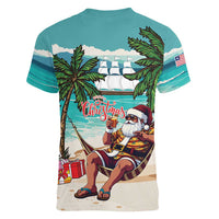 Liberia Christmas Women V-Neck T-Shirt Santa Chill on Tropical Beach - Wonder Print Shop
