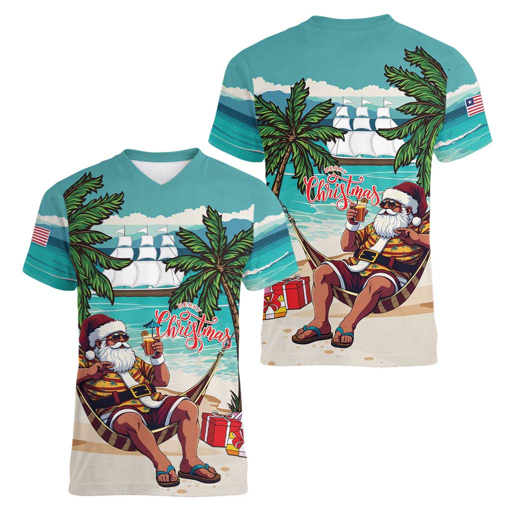 Liberia Christmas Women V-Neck T-Shirt Santa Chill on Tropical Beach - Wonder Print Shop