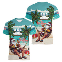 Liberia Christmas Women V-Neck T-Shirt Santa Chill on Tropical Beach - Wonder Print Shop