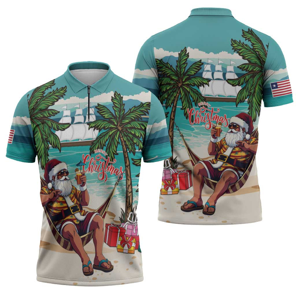 Liberia Christmas Zipper Polo Shirt Santa Chill on Tropical Beach - Wonder Print Shop