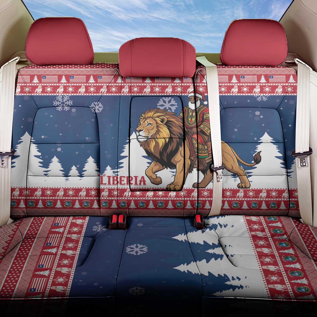Liberia Christmas Back Car Seat Cover Black Santa Riding Lion - Merry Christmas - Wonder Print Shop