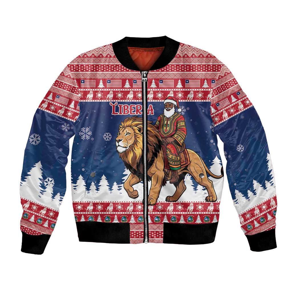 Personalized Liberia Christmas Bomber Jacket Black Santa Riding Lion - Merry Christmas - Wonder Print Shop