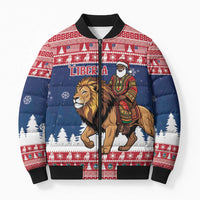 Personalized Liberia Christmas Bomber Puffer Jacket Black Santa Riding Lion - Merry Christmas - Wonder Print Shop