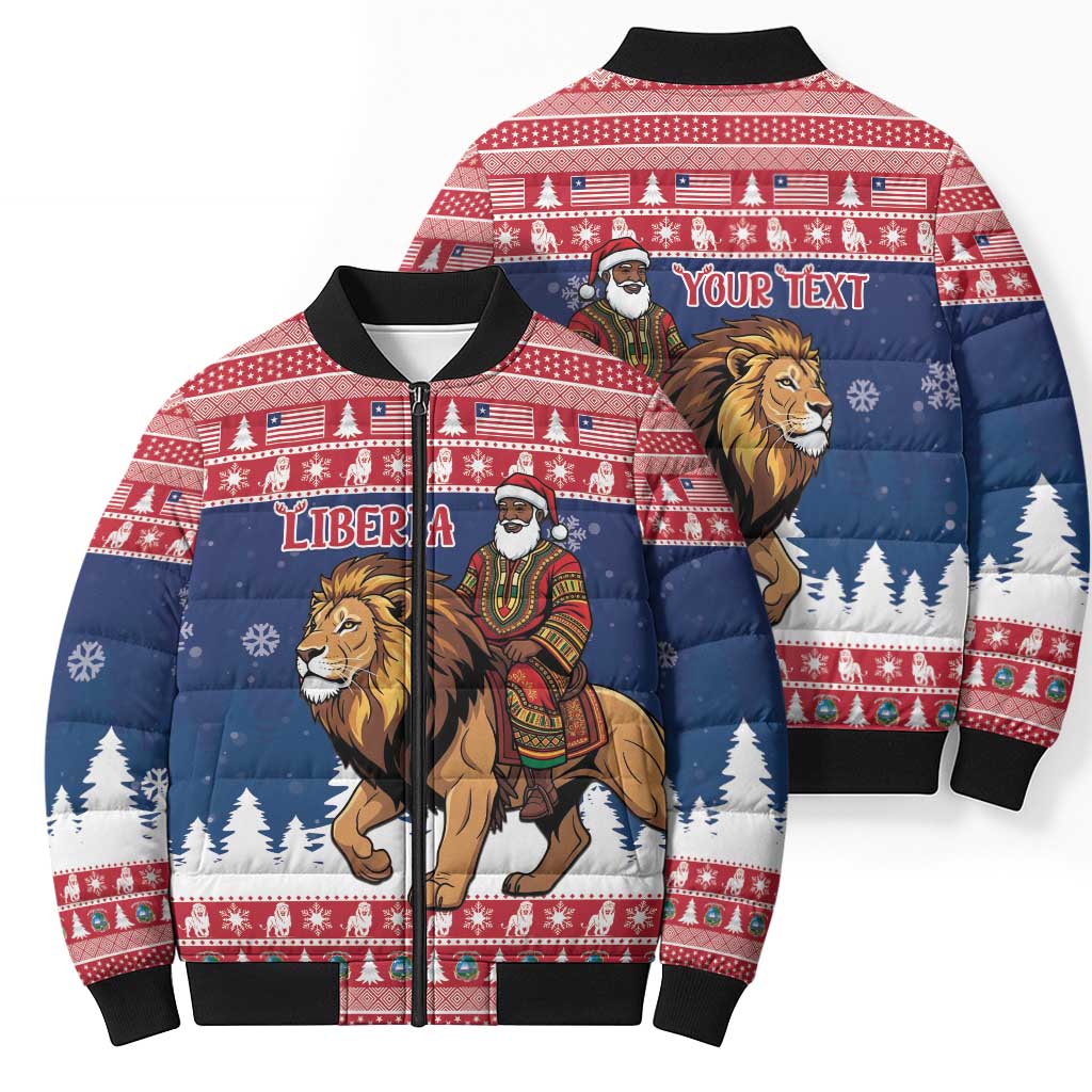 Personalized Liberia Christmas Bomber Puffer Jacket Black Santa Riding Lion - Merry Christmas - Wonder Print Shop