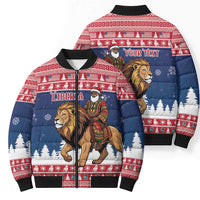 Personalized Liberia Christmas Bomber Puffer Jacket Black Santa Riding Lion - Merry Christmas - Wonder Print Shop