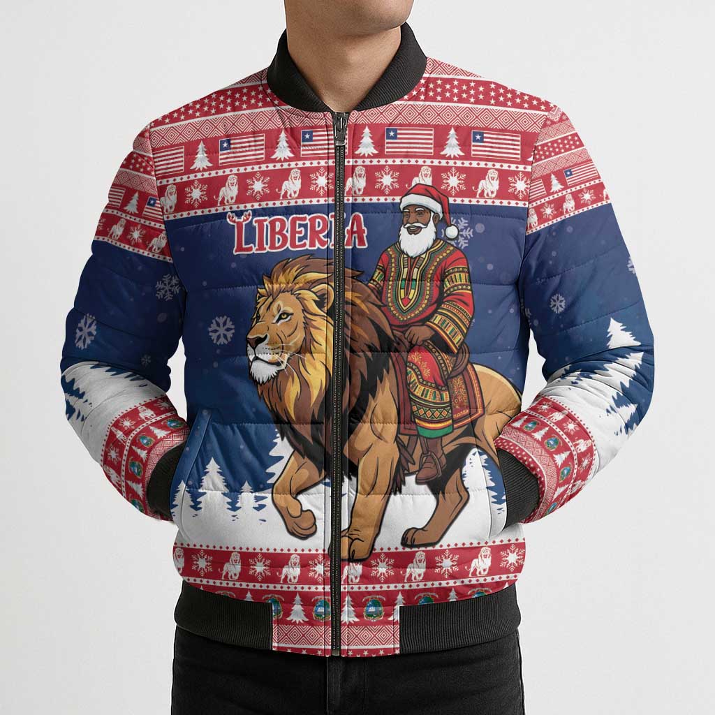Personalized Liberia Christmas Bomber Puffer Jacket Black Santa Riding Lion - Merry Christmas - Wonder Print Shop