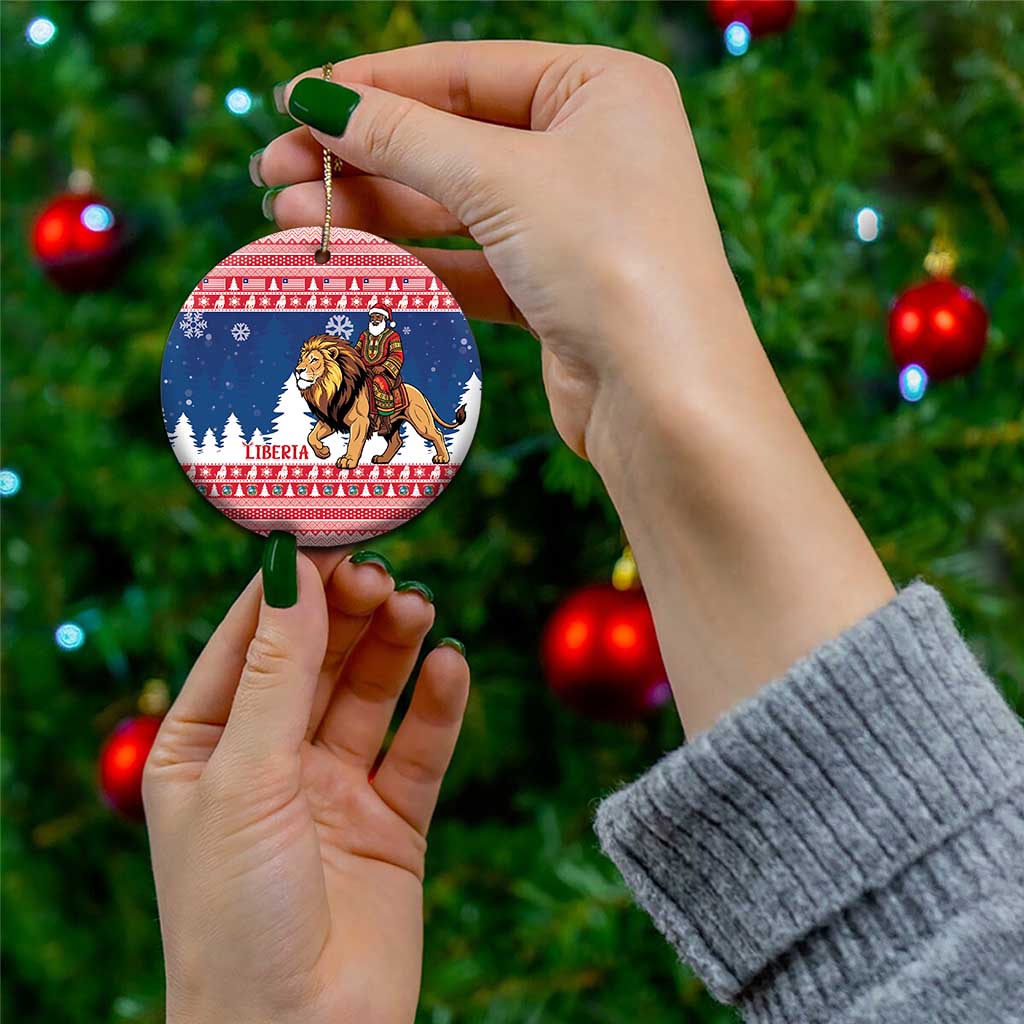 Personalized Liberia Christmas Ceramic Ornament Black Santa Riding Lion - Merry Christmas - Wonder Print Shop
