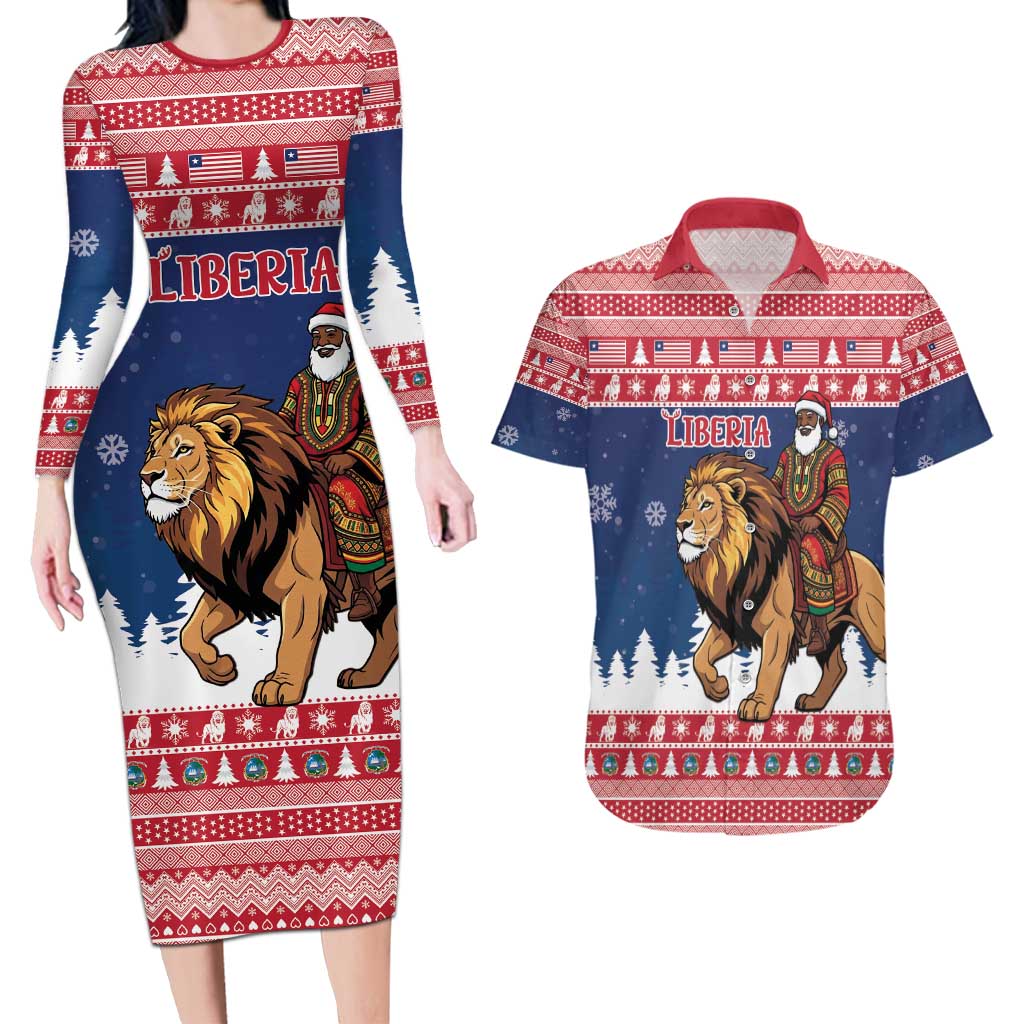 Personalized Liberia Christmas Couples Matching Long Sleeve Bodycon Dress and Hawaiian Shirt Black Santa Riding Lion - Merry Christmas - Wonder Print Shop