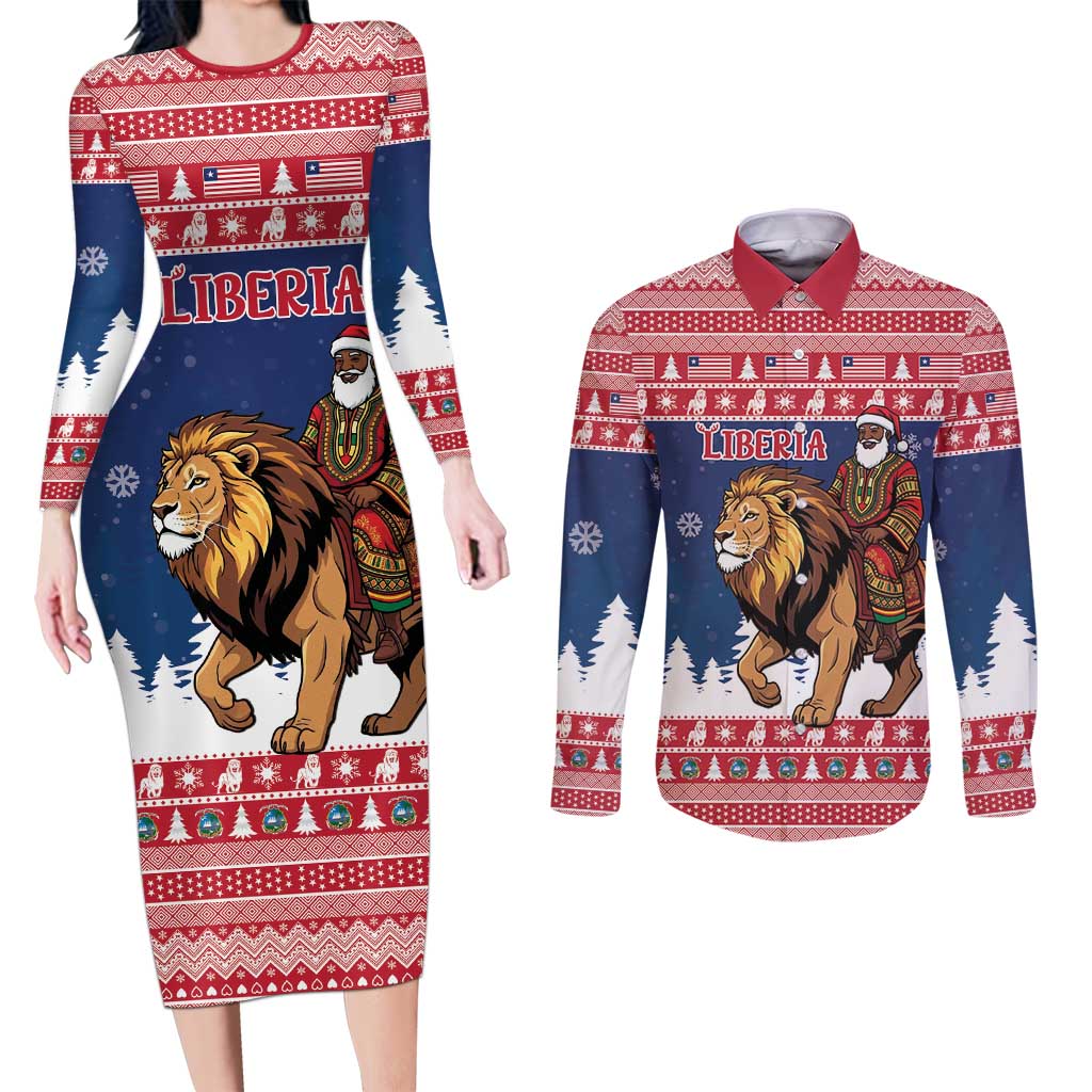 Personalized Liberia Christmas Couples Matching Long Sleeve Bodycon Dress and Long Sleeve Button Shirt Black Santa Riding Lion - Merry Christmas - Wonder Print Shop