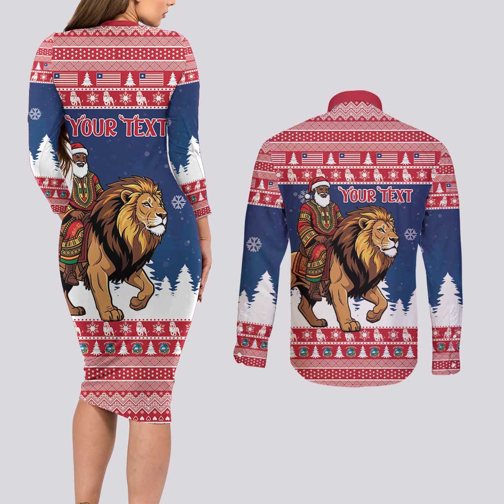 Personalized Liberia Christmas Couples Matching Long Sleeve Bodycon Dress and Long Sleeve Button Shirt Black Santa Riding Lion - Merry Christmas - Wonder Print Shop