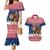 Personalized Liberia Christmas Couples Matching Mermaid Dress and Hawaiian Shirt Black Santa Riding Lion - Merry Christmas - Wonder Print Shop