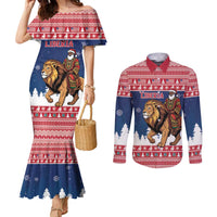 Personalized Liberia Christmas Couples Matching Mermaid Dress and Long Sleeve Button Shirt Black Santa Riding Lion - Merry Christmas - Wonder Print Shop