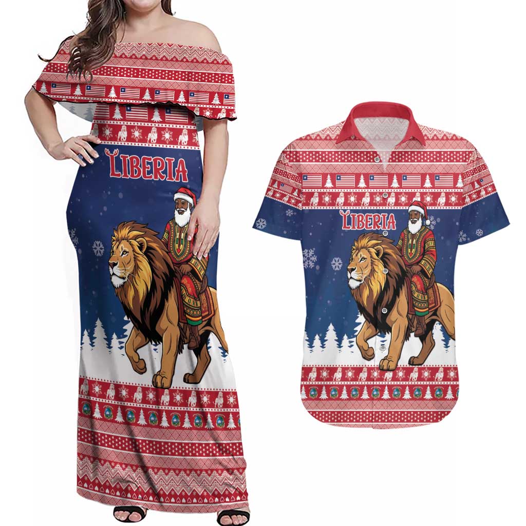 Personalized Liberia Christmas Couples Matching Off Shoulder Maxi Dress and Hawaiian Shirt Black Santa Riding Lion - Merry Christmas - Wonder Print Shop