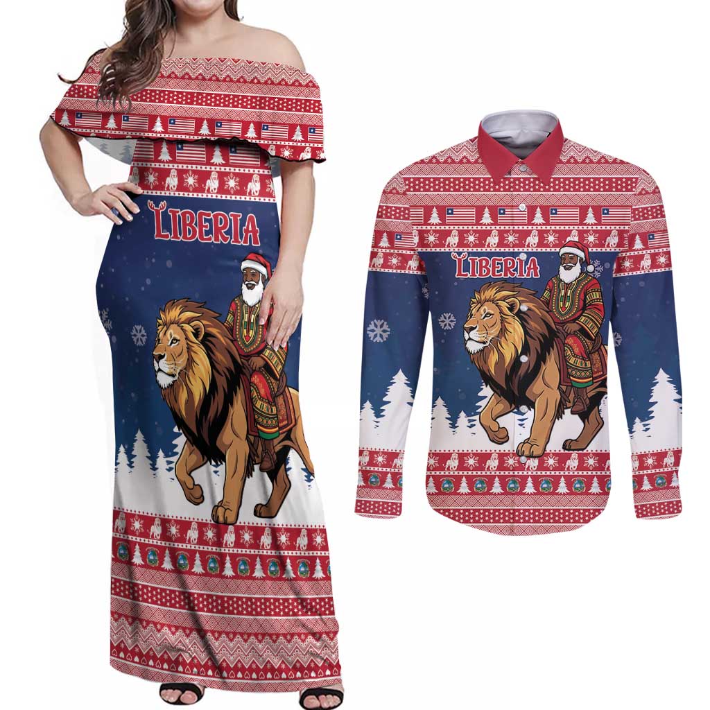 Personalized Liberia Christmas Couples Matching Off Shoulder Maxi Dress and Long Sleeve Button Shirt Black Santa Riding Lion - Merry Christmas - Wonder Print Shop