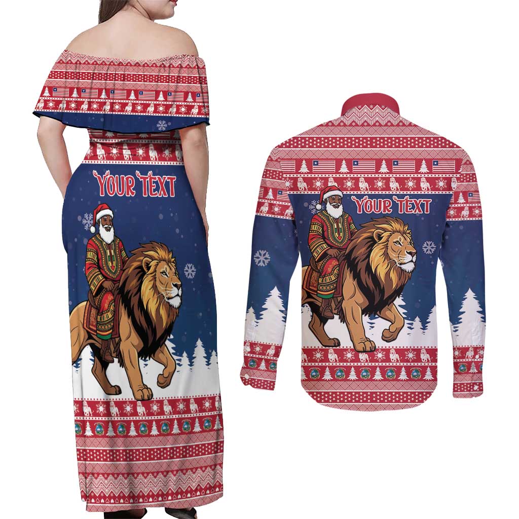 Personalized Liberia Christmas Couples Matching Off Shoulder Maxi Dress and Long Sleeve Button Shirt Black Santa Riding Lion - Merry Christmas - Wonder Print Shop