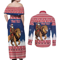 Personalized Liberia Christmas Couples Matching Off Shoulder Maxi Dress and Long Sleeve Button Shirt Black Santa Riding Lion - Merry Christmas - Wonder Print Shop