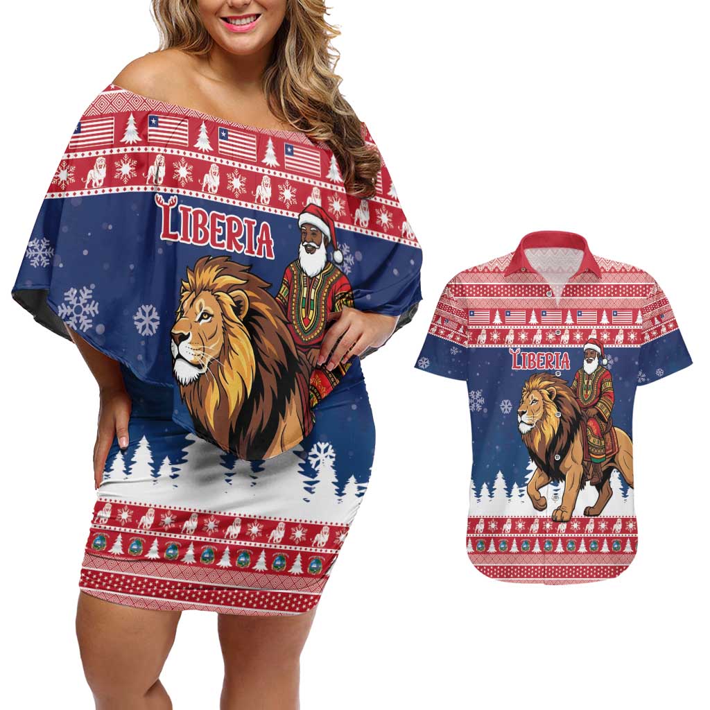 Personalized Liberia Christmas Couples Matching Off Shoulder Short Dress and Hawaiian Shirt Black Santa Riding Lion - Merry Christmas - Wonder Print Shop