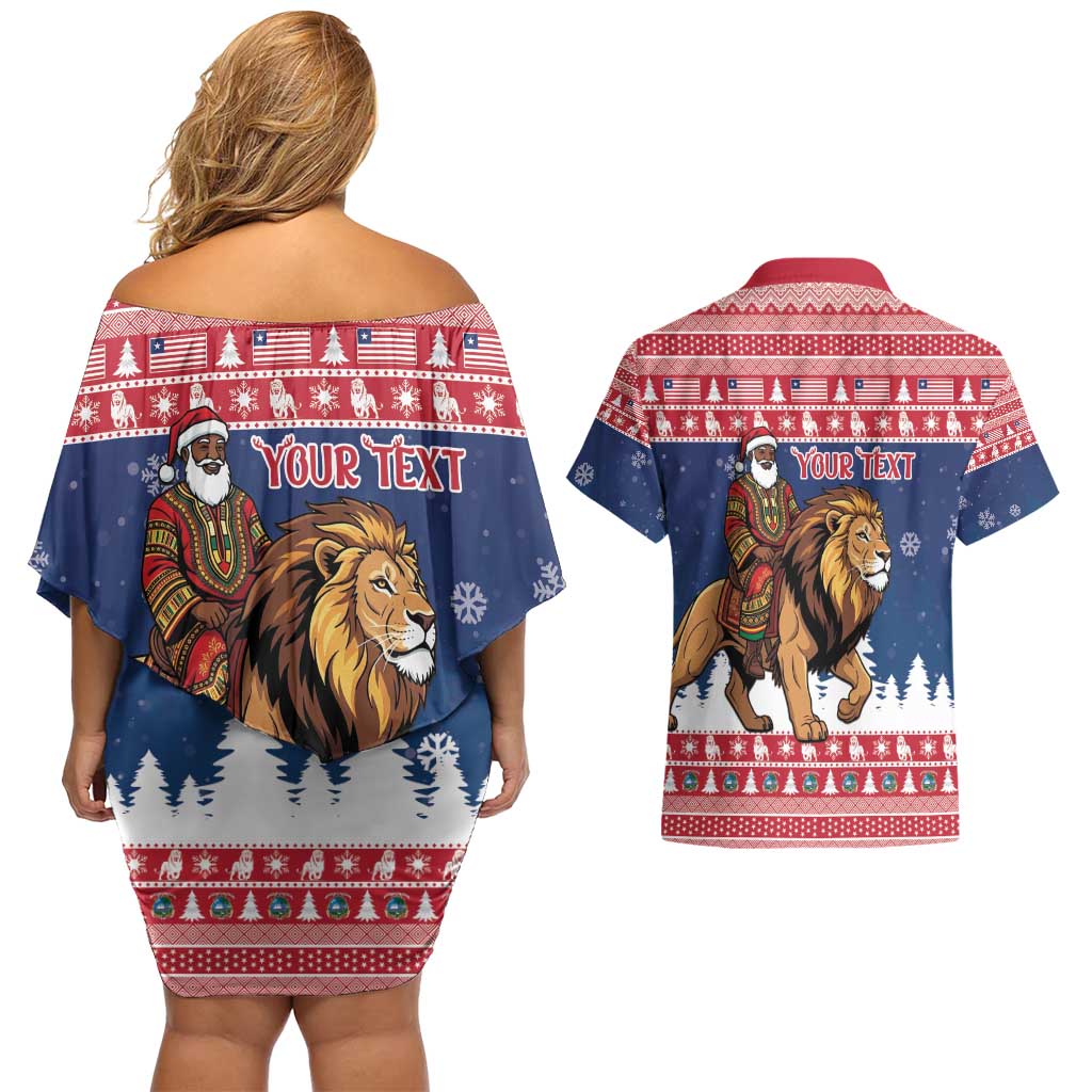 Personalized Liberia Christmas Couples Matching Off Shoulder Short Dress and Hawaiian Shirt Black Santa Riding Lion - Merry Christmas - Wonder Print Shop