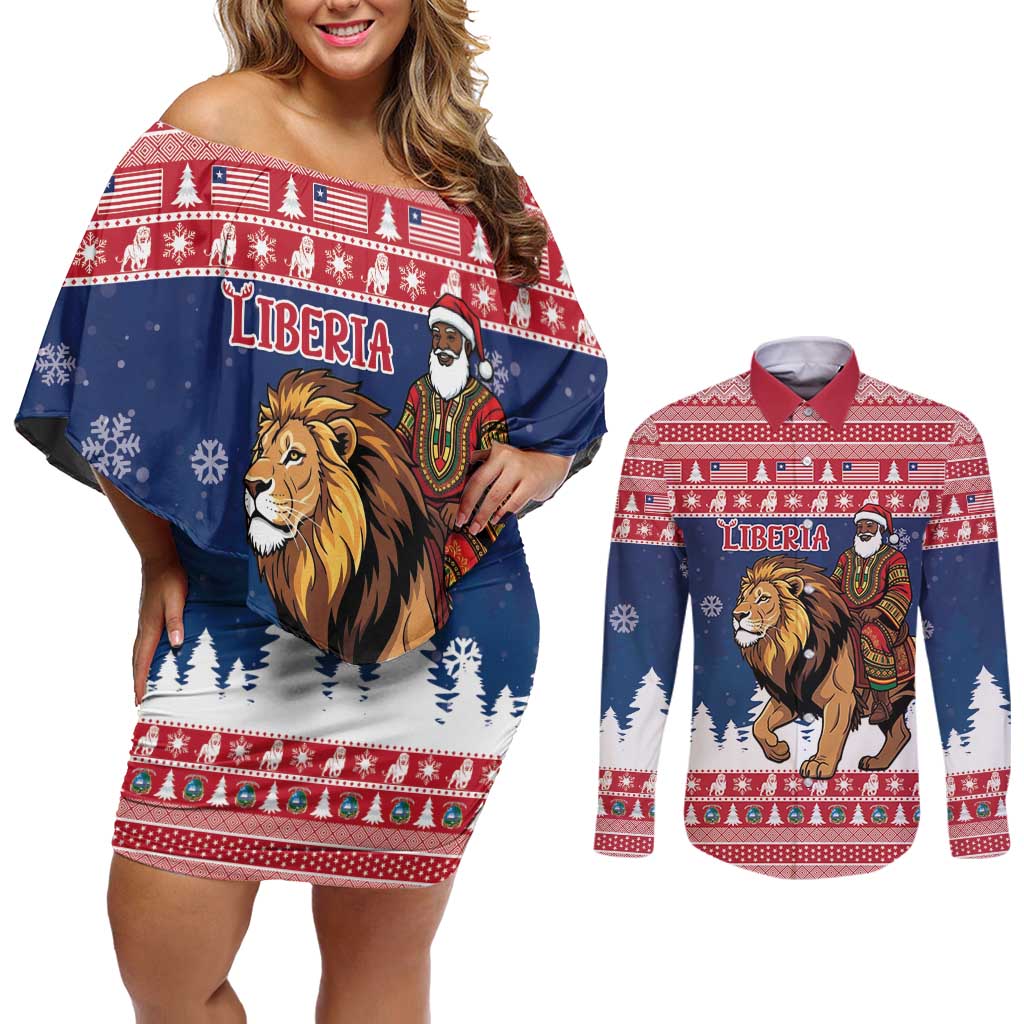 Personalized Liberia Christmas Couples Matching Off Shoulder Short Dress and Long Sleeve Button Shirt Black Santa Riding Lion - Merry Christmas - Wonder Print Shop