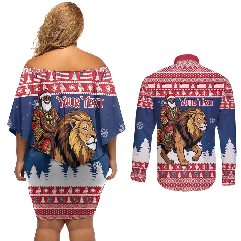 Personalized Liberia Christmas Couples Matching Off Shoulder Short Dress and Long Sleeve Button Shirt Black Santa Riding Lion - Merry Christmas - Wonder Print Shop